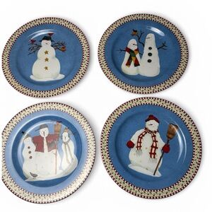 Debbie Mumm 4 Salad Dessert Plates Snowman Sakura Winter Christmas Oneida Stone